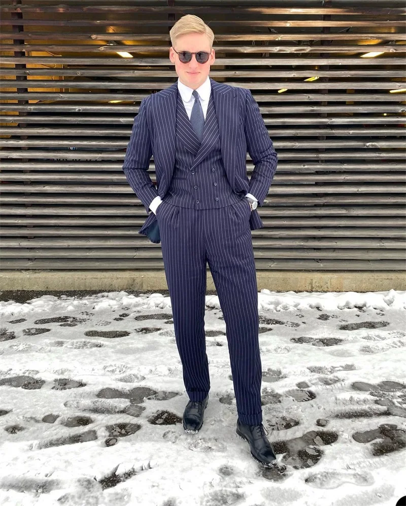 

Smart Casual 3 Pieces Blue Striped Men's Suits Wedding Daily Business Formal Men Suit Silm Fit Single Breasted Blazer Vest Pants