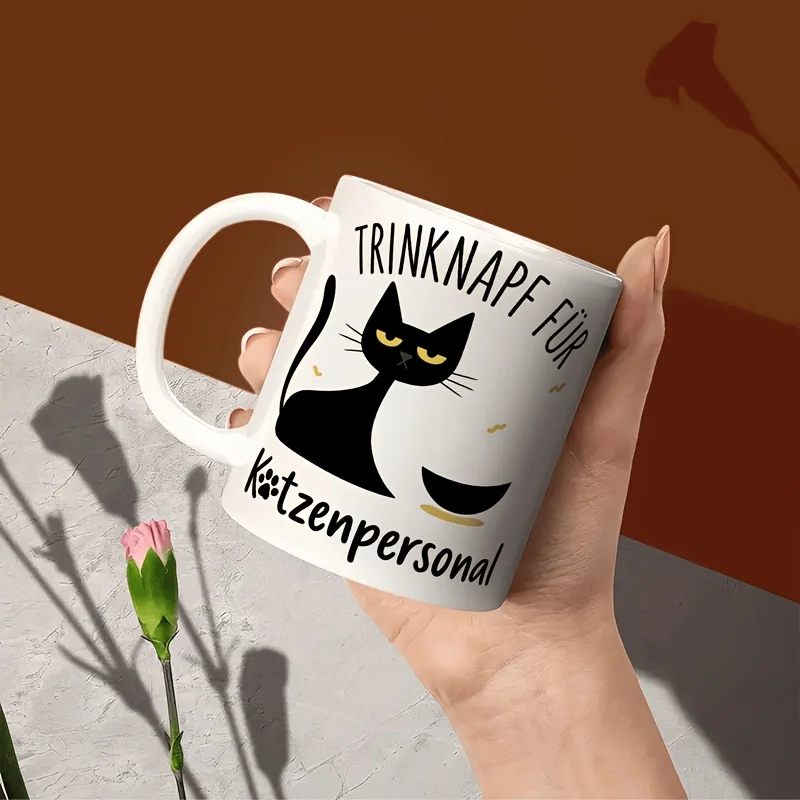 1 Fun Gift Mug for Cat Lovers - Ceramic Coffee and Tea Mug with German Text and Black Cat Illustration, Suitable for Hand Washing Only, a Humorous Gift for Pet Owners on Birthdays or Holidays, Perfect for Him/Her, Home or Office Decoration, Funny Drinkware, Stylish Design