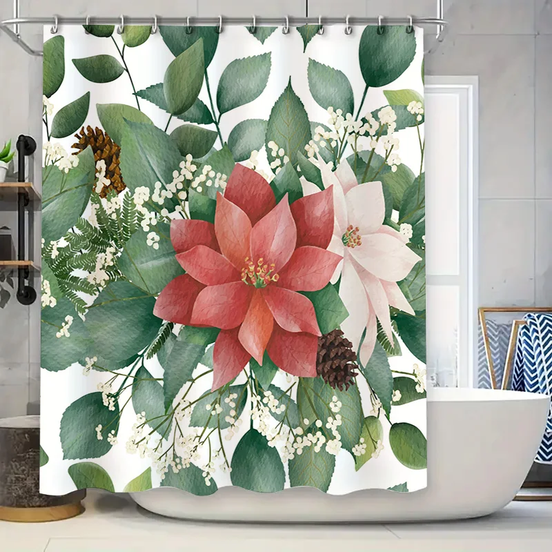 Beautiful Floral Shower Curtain Greenery Poinsettias Design White Watercolor Fabric Waterproof Bathroom Decor.