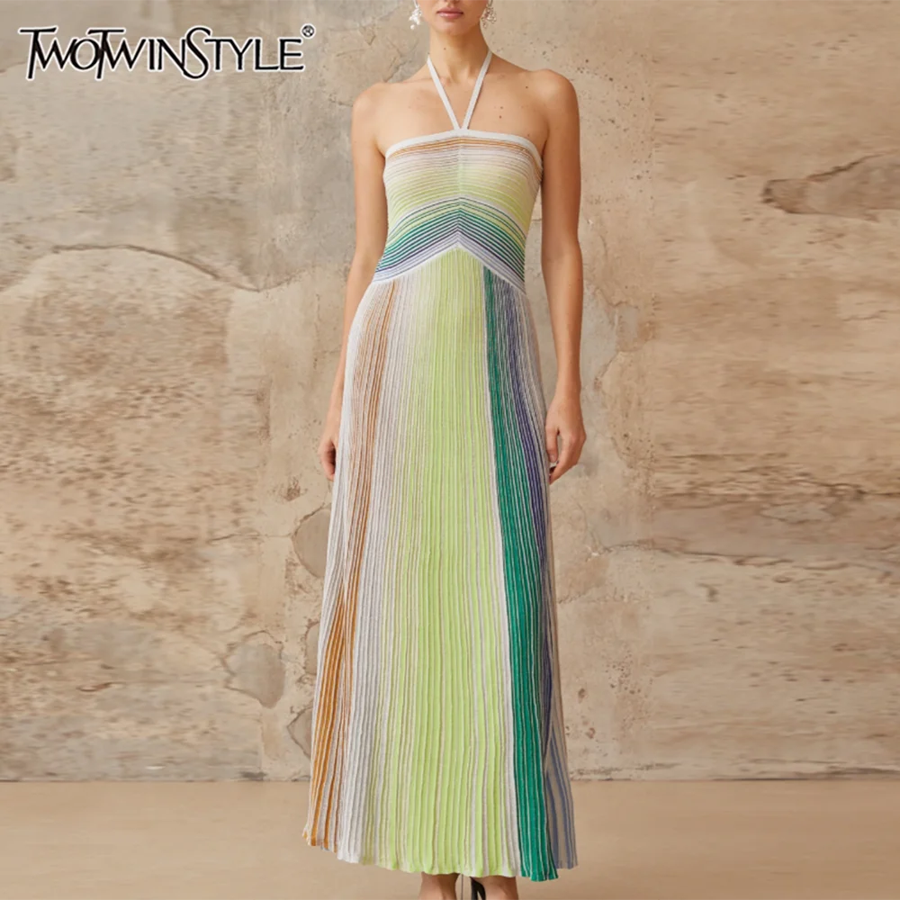 

TWOTWINSTYLE Sexy Slimming Long Dresses for Women Square Collar Sleeveless Backless High Waist Dress Female Style