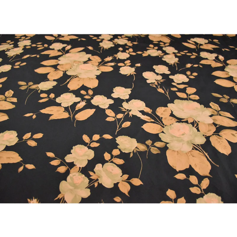 Chinese Wind Black Bottom with Big Flower Print, Elastic Plain Satin Fabric for Cheongsam Dress, T1888