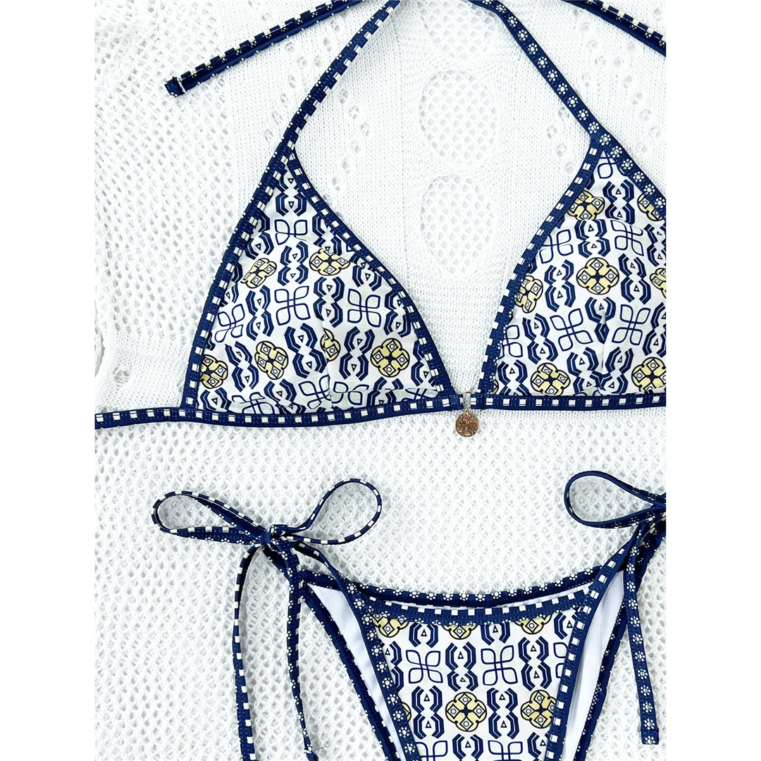 Bedruckter Neckholder-Bikini mit hohem Beinausschnitt und Riemchen, Damen-Badeanzug, zweiteiliger Bikini-Set, Badebekleidung, Badeanzug, Schwimmanzug V5648 – Detail 11