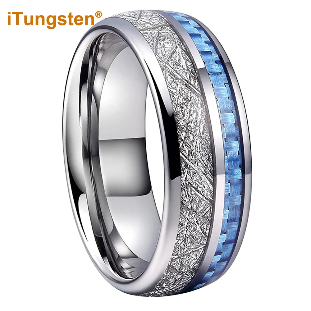 

iTungsten 8mm Men Women Wedding Band Tungsten Carbide Ring With Blue Carbon Fibler And Meteorite Inlay Comfort Fit