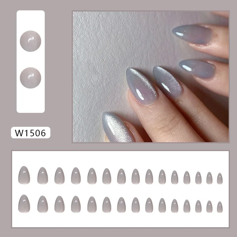 24Pcs Solid Color Cat's Eye Fake Nail Grey Almond  Design Wearable Round Head False Nails with Shiny Powder Press on Nails