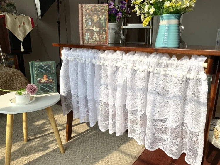 1 PCS Rod Pocket White Lace Short Curtain for Kitchen Cafe Double Layer Jacquard Floral Sheer Voile Valance for Small Window