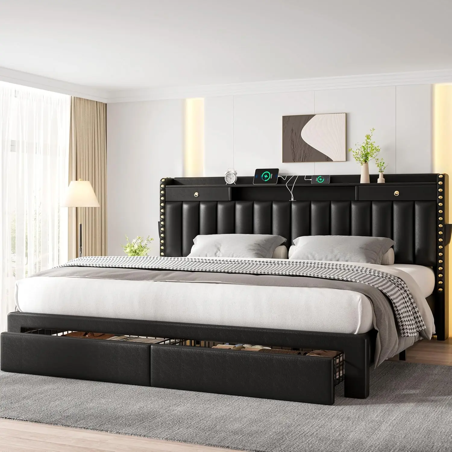 King Size Upholstered Bed Frame with 2 Tier Storage Headboard & 4 Drawers USB Type C Ports Solid Wood Slats Noise Free Custom view 4