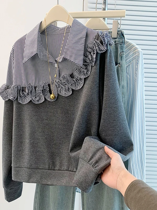 

Korean Sle plus Size Women's irt with Wood ain Design Striped Splicing Sweatirt Faionable Age-Defng Korean B...