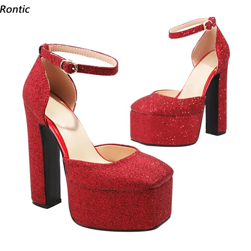 

Rontic/Новое поступление, женские весенние туфли-лодочки с ремешком на щиколотке, массивные каблуки с квадратным носком, красивые красные, золотые, серебряные туфли для вечеринок, размер США 3-10,5