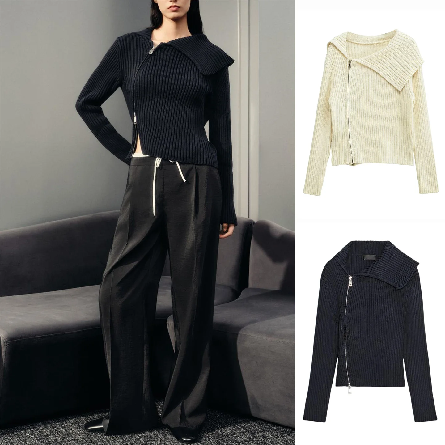 

Новый осенний повседневный женский вязаный кардиган с металлической молнией и манжетами, длинный све, французский кардиган свободного покроя из полиэфирного волокна