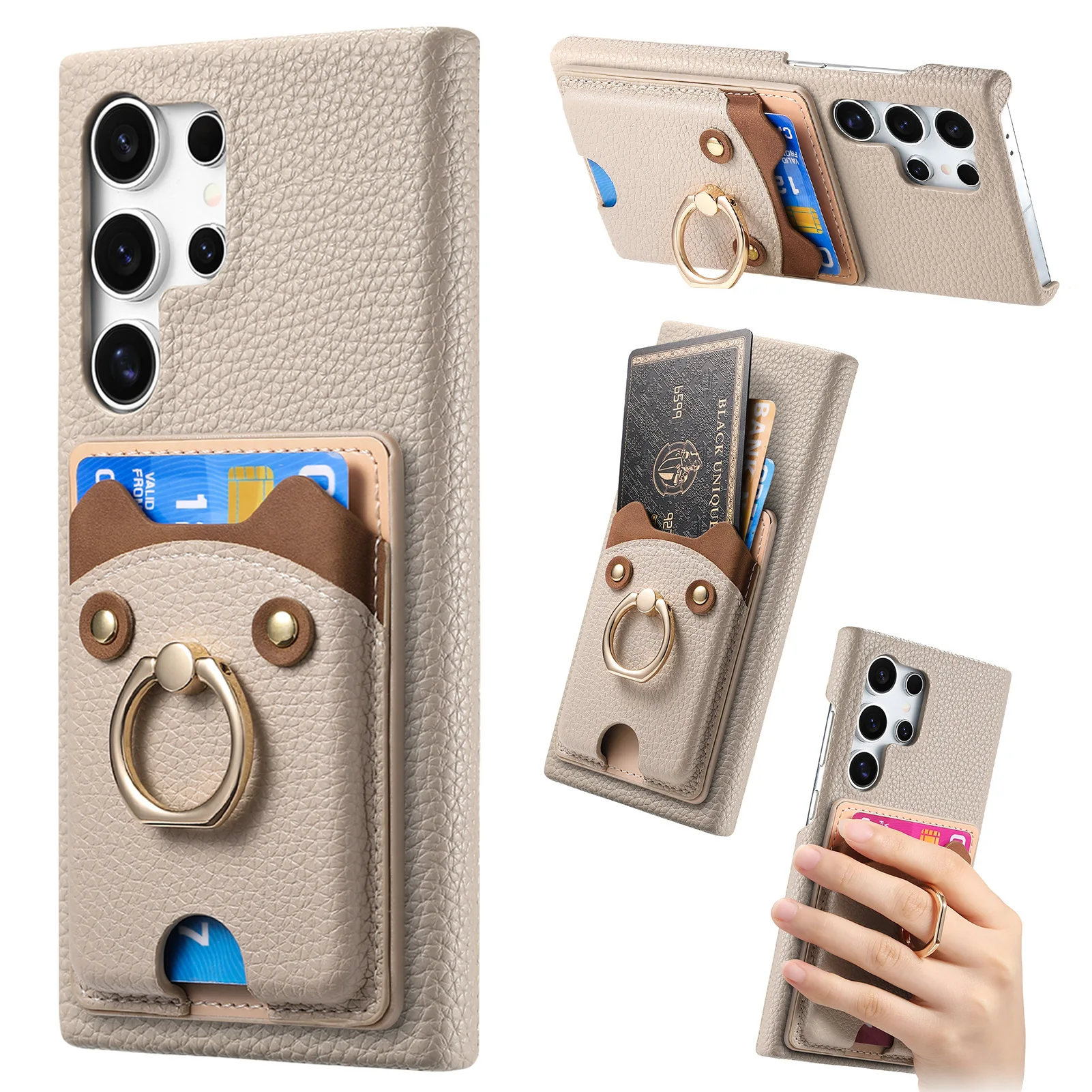 

Cute Bear Card Bag Case for Xiaomi 15 Mi15 Finger Ring Leather Anti Drop Shockproof Back Cover For Redmi 14C Note 14 Pro 4G Capa