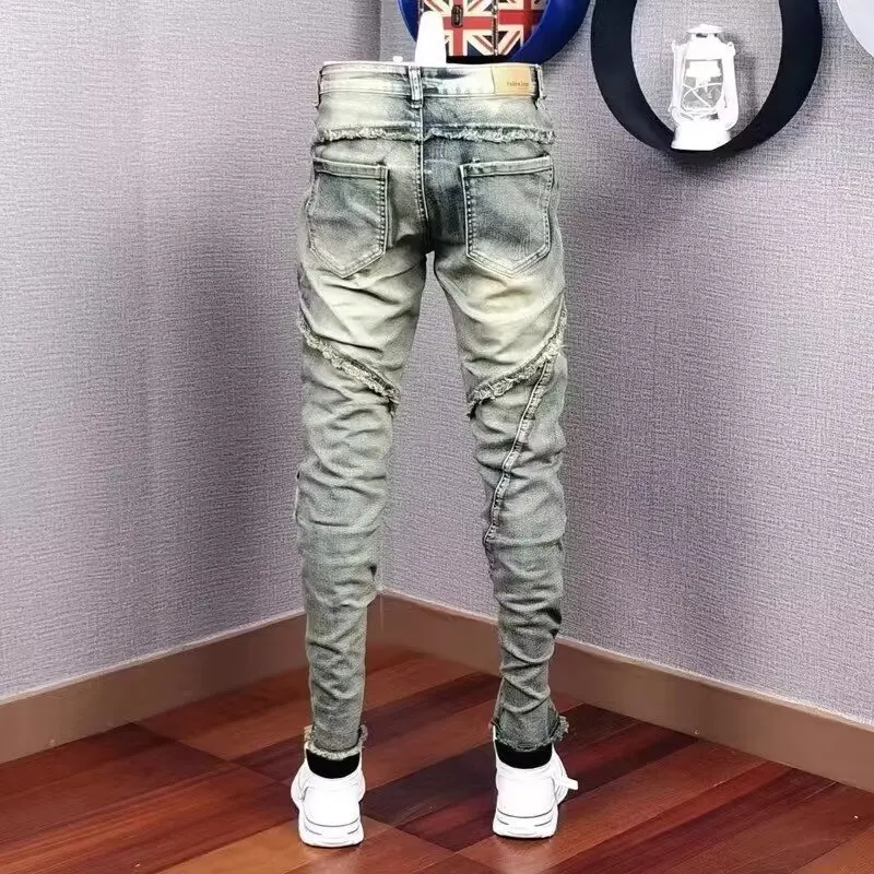 Men's Jeans Male European American Trend Torn Sticking Cloth Stretch Small Straight Leg Fashion Denim Pants Original Design 2024