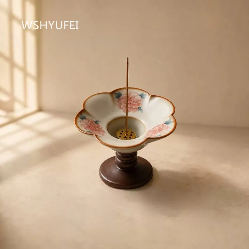 Ceramic Lotus Incense Burner with Wooden Stand Floral Pattern Incense Holder Multi-Hole Copper Insert for Sticks Home Decor
