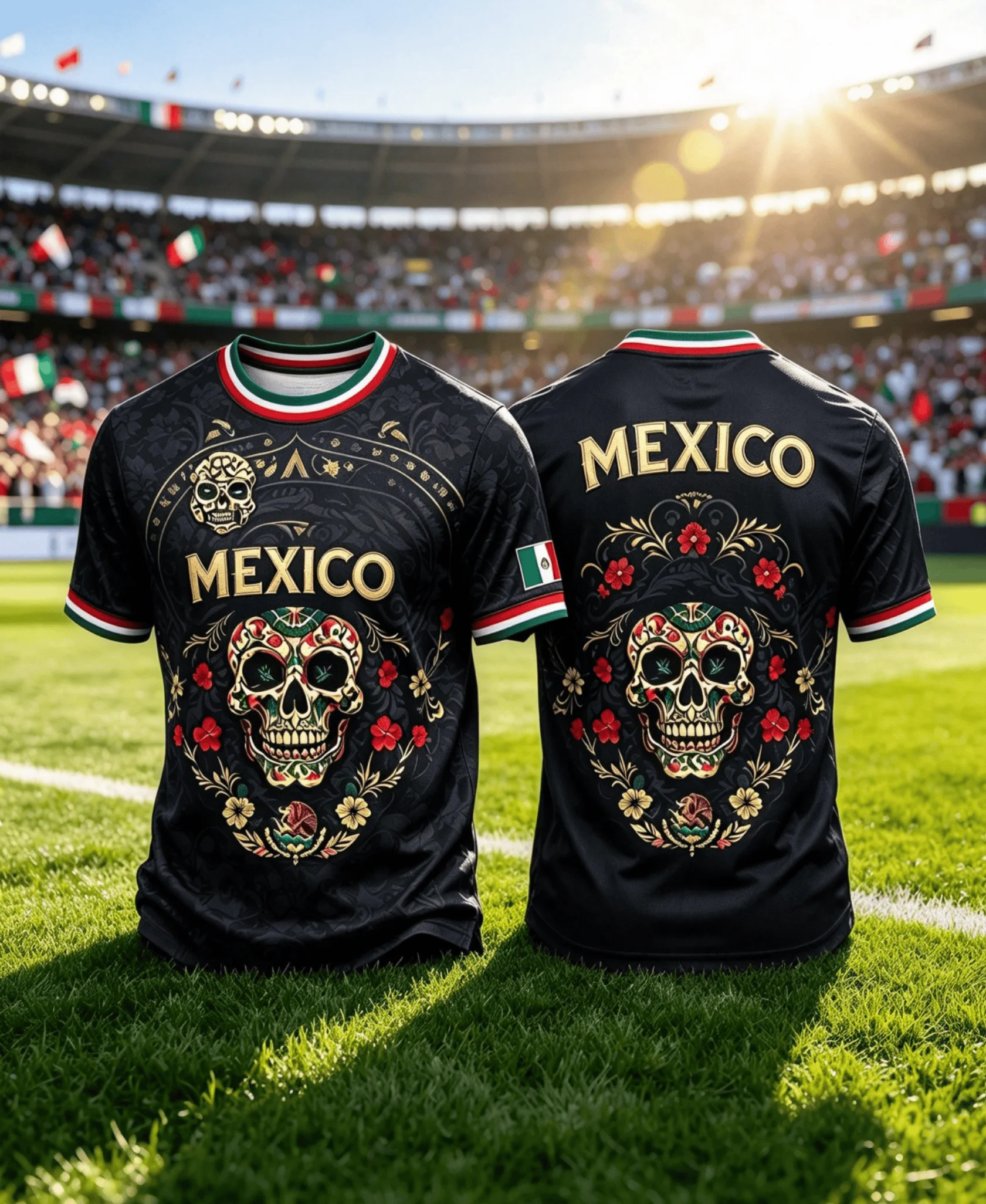 Mexico Vintage Day of the Dead Football Shirt, Colorful Skull Floral Jersey, Trendy Fan Cheer Tee