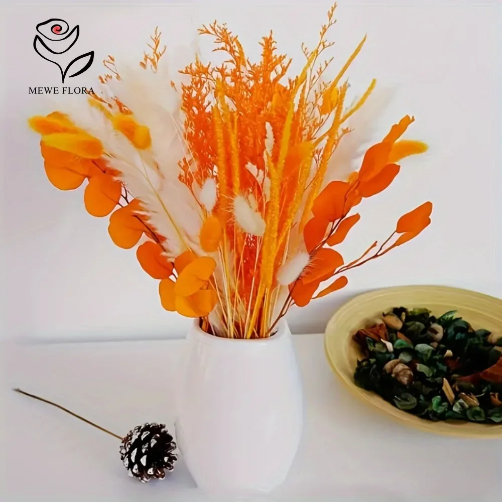 55pcs Natural Dried Flowers Bouquet Boho Country Home Vase Decor Orange Pampas Bunny Tail Grass Party Living Room Arrangements