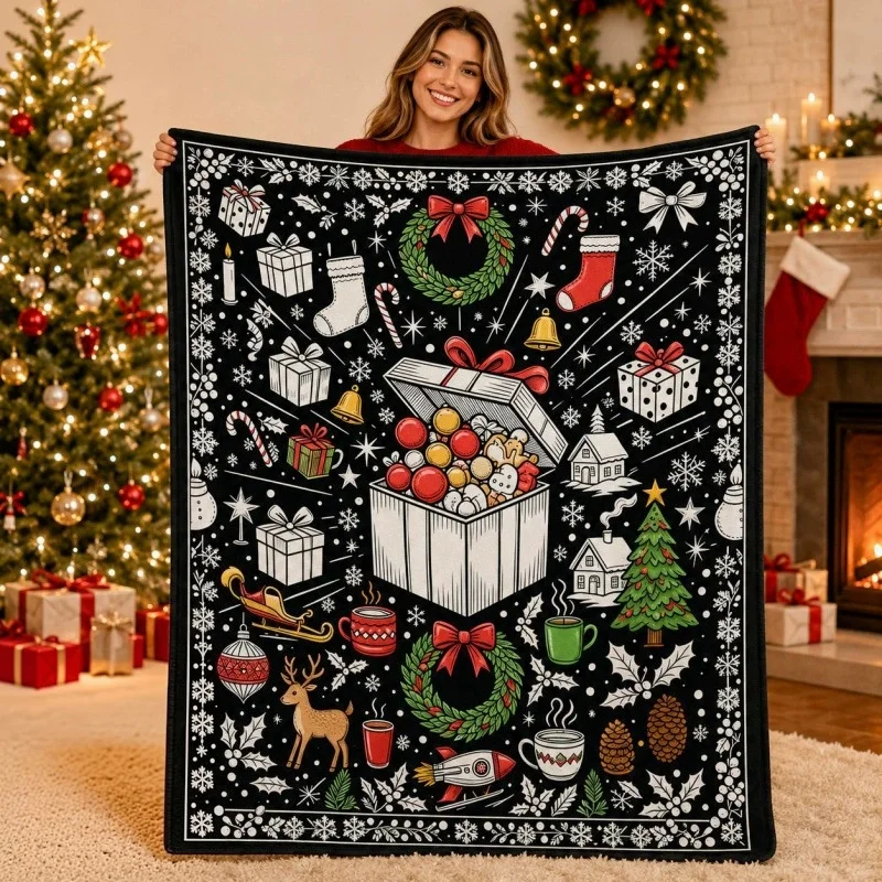 Vintage Xmas Gift Box And Reindeer DIY Blanket Comfortable Flannel Throw Blanket Suitable For Living Room Home Party Decor