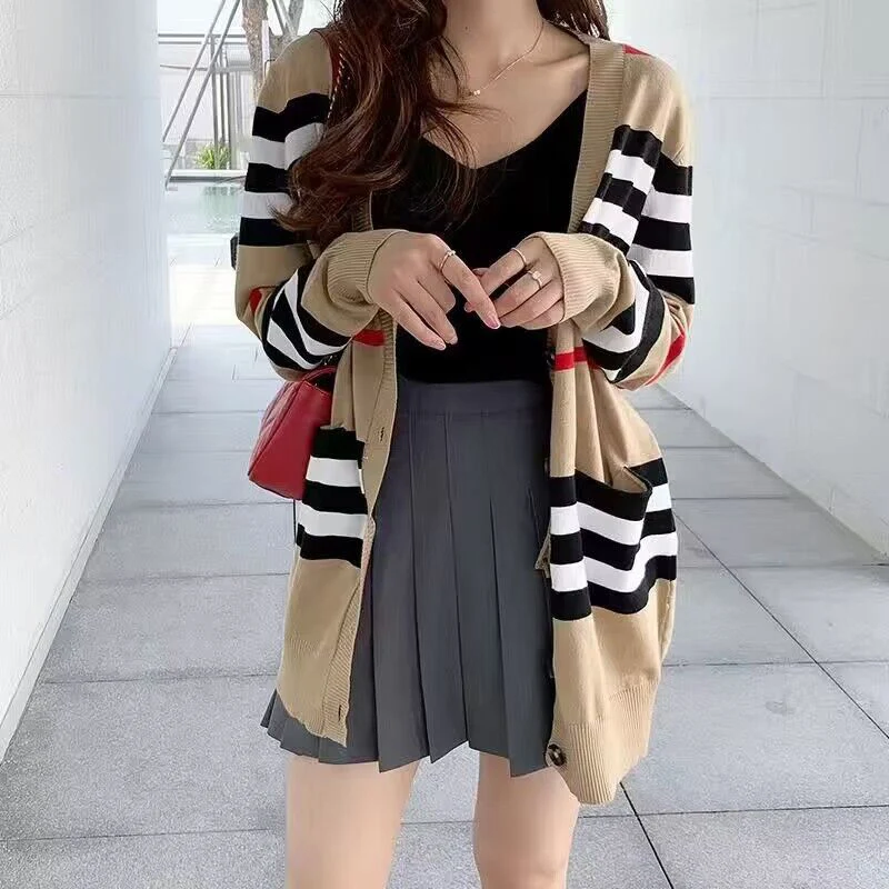 Women Striped Knitted Cardigan Fall Winter Loose Korean Sweater Casual Fashion Office Lady V Neck Single Breasted Design Top