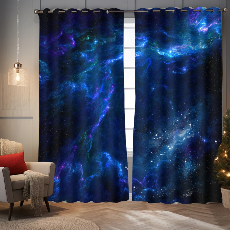 2PC high blackout perforated polyester curtain, double-sided matte, left and right double opening, spectacular nebula, universe