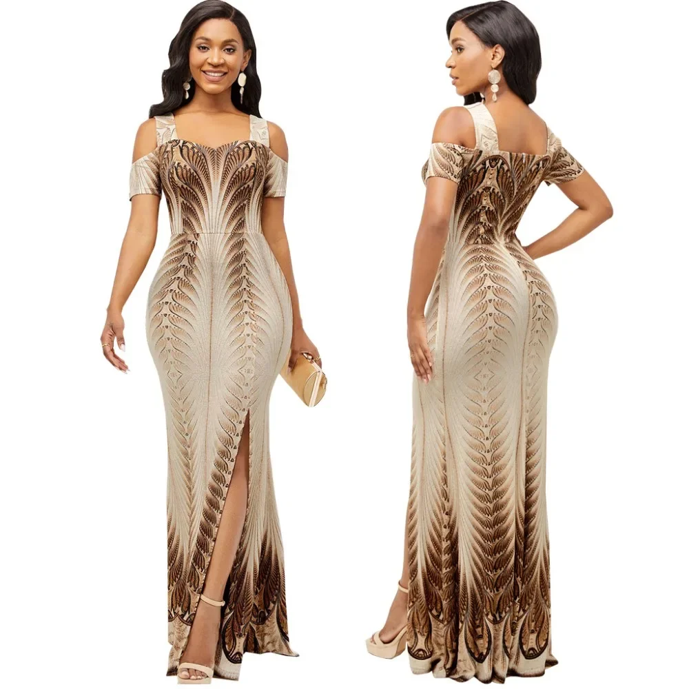 Sexy Fashion Digital Print One Shoulder Strapless Dress Cross-Border Style mid Waist Polyester Fiber Short Sleeve Dress