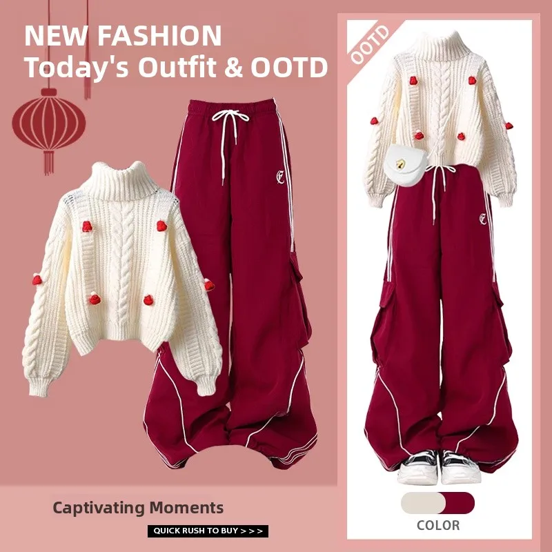 

Autumn Knitted Sweater Set Women's New Year Red Workwear Pants f High Collar Versatile Long Sve round Ne Two Piece Set