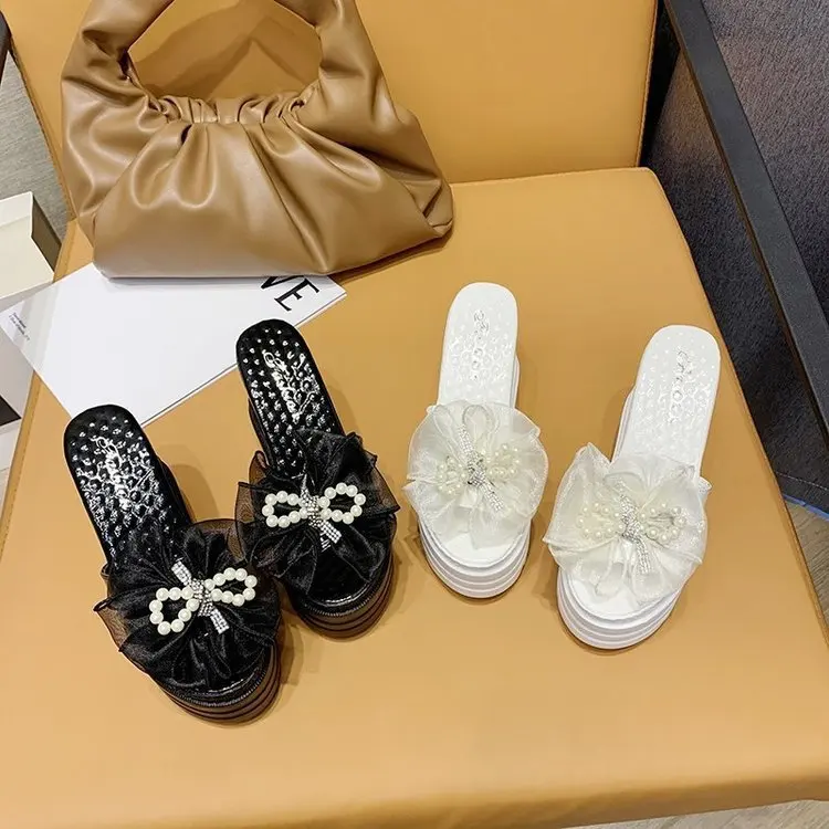 Thick-soled Wedge Casual Summer Women's Slippers Outdoor Fashion Platform Ladies Slides Anti-slip Sponge Sole Bow Beach Shoes
