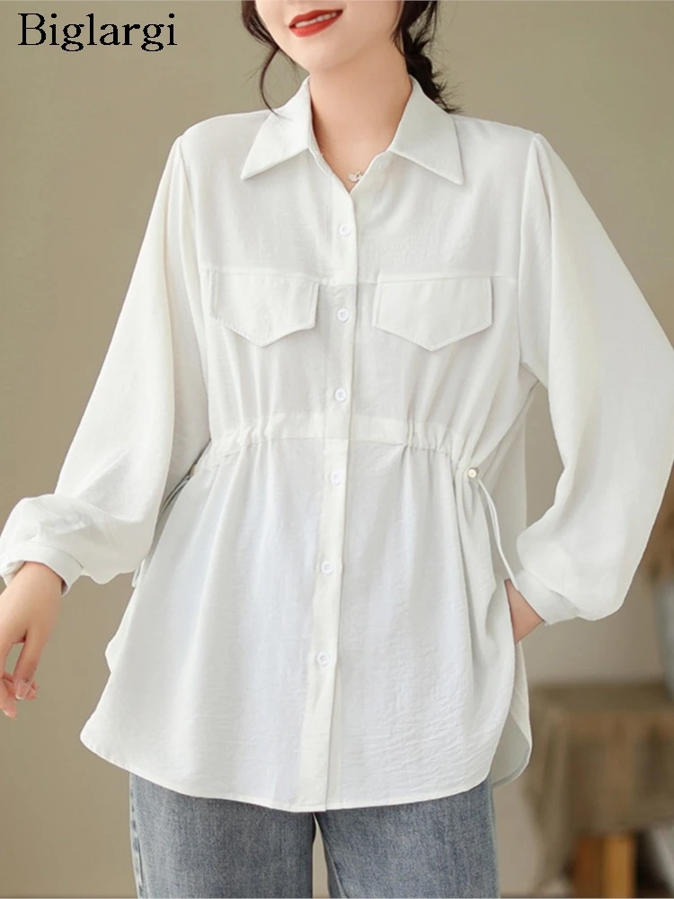 

Oversized Autumn Shirts Women Slim Waist Pleated Fashion Ladies Long Sleeve Blouses Loose Casual Woman Shirt