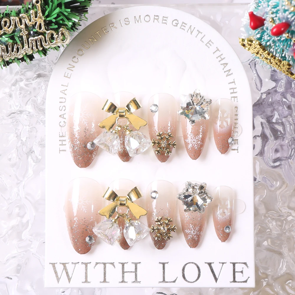 24 個ゴールドスノーフレークベルプレス爪グリッターパウダー冬クリスマスラインストーン偽ネイルチャーム偽ネイルアートマニキュア * &