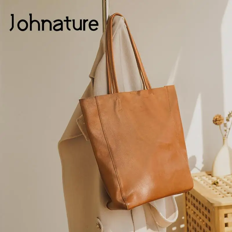 Johnature Casual Tote Genuine Leather Vintage Large Capacity Women Bag 2026 New Simple Versatile Real Cowhide Shoulder Bags