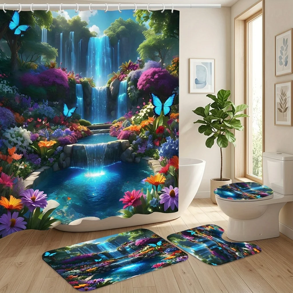 Waterfall Butterfly Shower Curtain Set 4Pcs, Floral Forest Print Waterproof Bathroom Curtain with Non-Slip Rugs