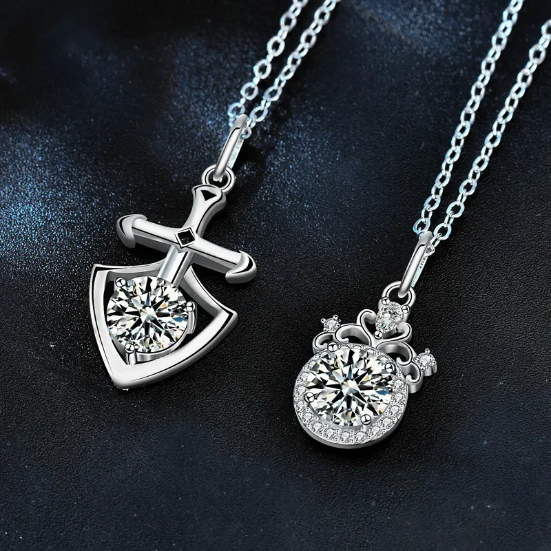 Light luxury 925 sterling silver princess and knight moissanite couple necklace, anniversary valentine's day gift