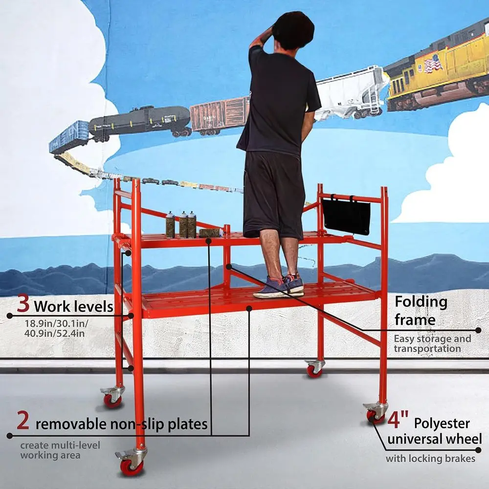 منصة سقالة 4 أقدام عالية السقالات المتنقلة سعة 770 رطل مع عجلات قفل وحقيبة أدوات، أحمر