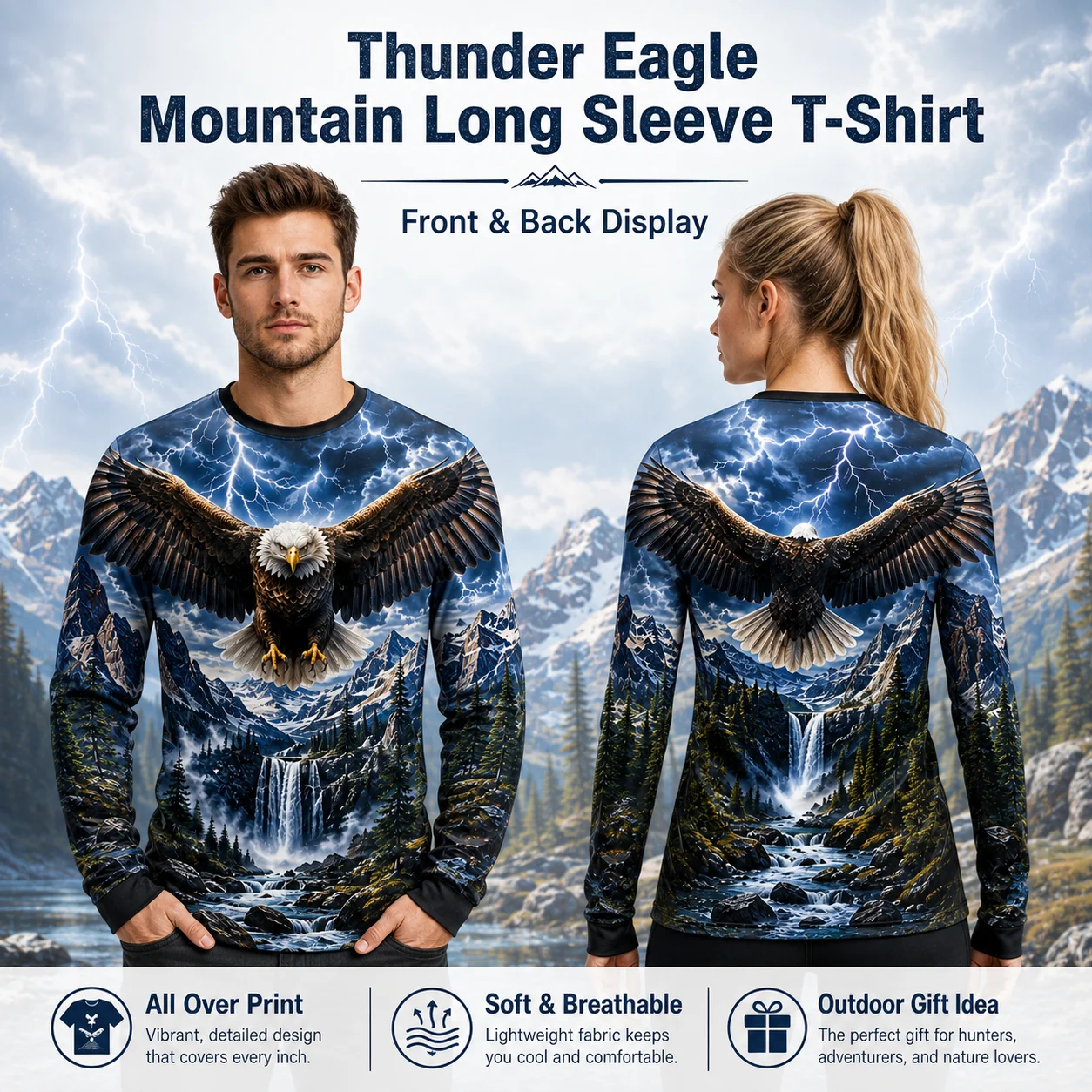 Thunder Eagle Mountain Long Sleeve T Shirt 3D All Over Print Unisex Outdoor Graphic Tee Casual Streetwear Gift Men Women
