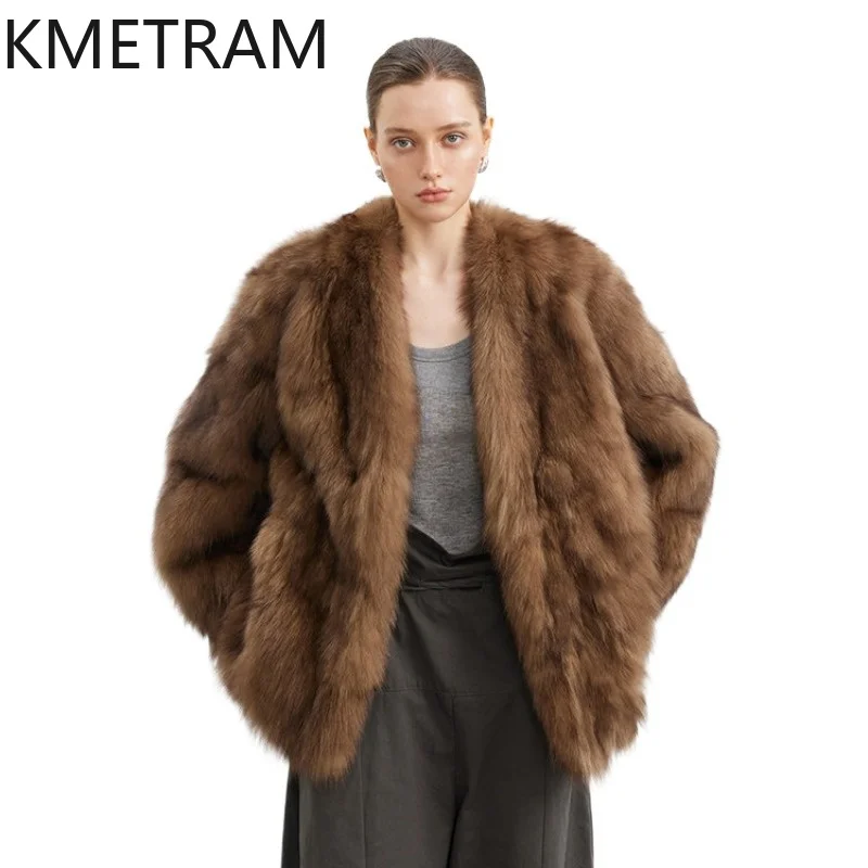 

KMETRAM Real Fox Fur Jacket Women 2026 Vintage Real Fur Coat Women Luxury V-neck Winter Coat Women Fur Overcoat Casaco De Pelo