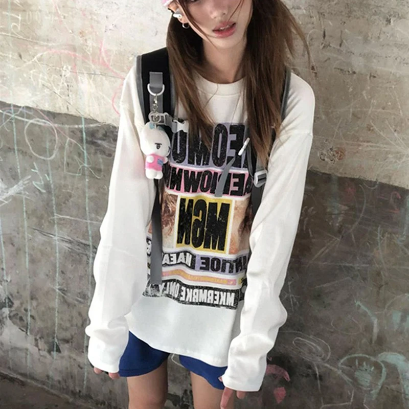 American Vintage Subculture Tee Donna Lettera Stampa Allentata O Collo T Shirt Harajuku Y2K Casual Pigro Stile Preppy Primavera Autunno Top