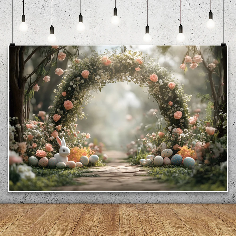 سعيد عيد الفصح موضوع الربيع الملونة البيض أرنب قوس الباب زهرة حفلة عيد ميلاد خلفية الطفل صورة التصوير الخلفية