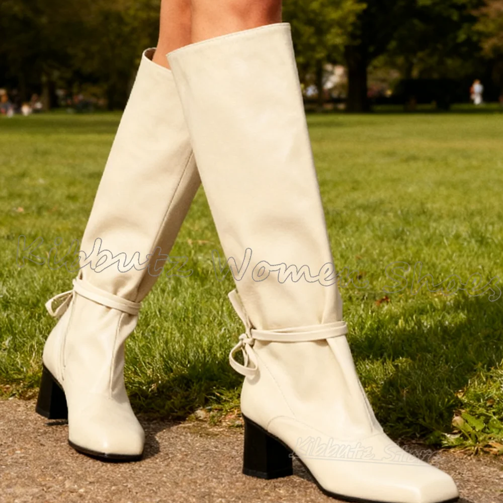 

Knee High Boots Lace-Up Leather Solid Color Round Toe Chunky Heels Slip-On Spicy Girls Shoes Fashion Luxury Elegant Concise Sexy