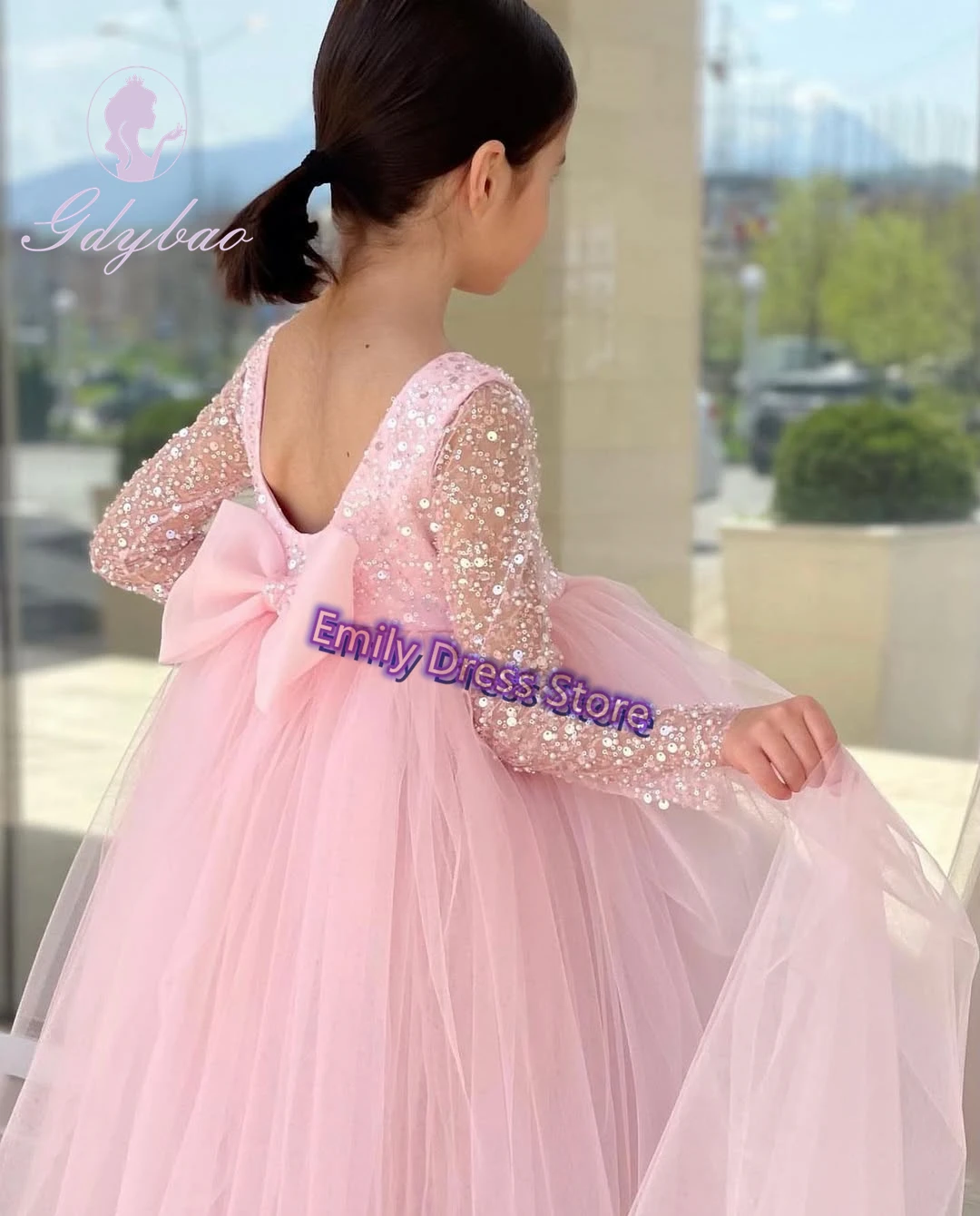 Personalizado Lace Tulle Flower Girl Vestidos Para Casamento Lantejoulas Com Arco Backless Kids Birthday Party Primeira Comunhão Pageant Vestido