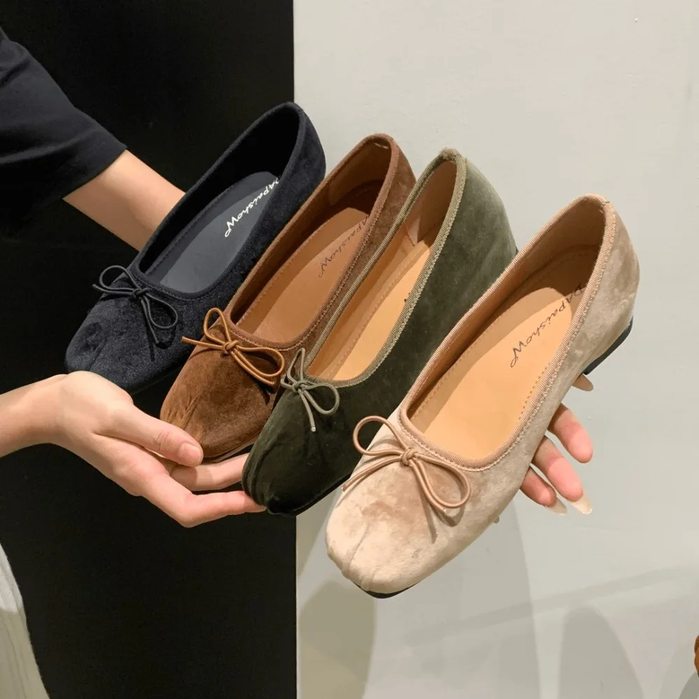 Women Internal Increase 4cm Shoes 2026 Autumn Bowknot French Velvet Ballet Shoes Shallow Mouth Soft Soled Commuter Flat Shoes