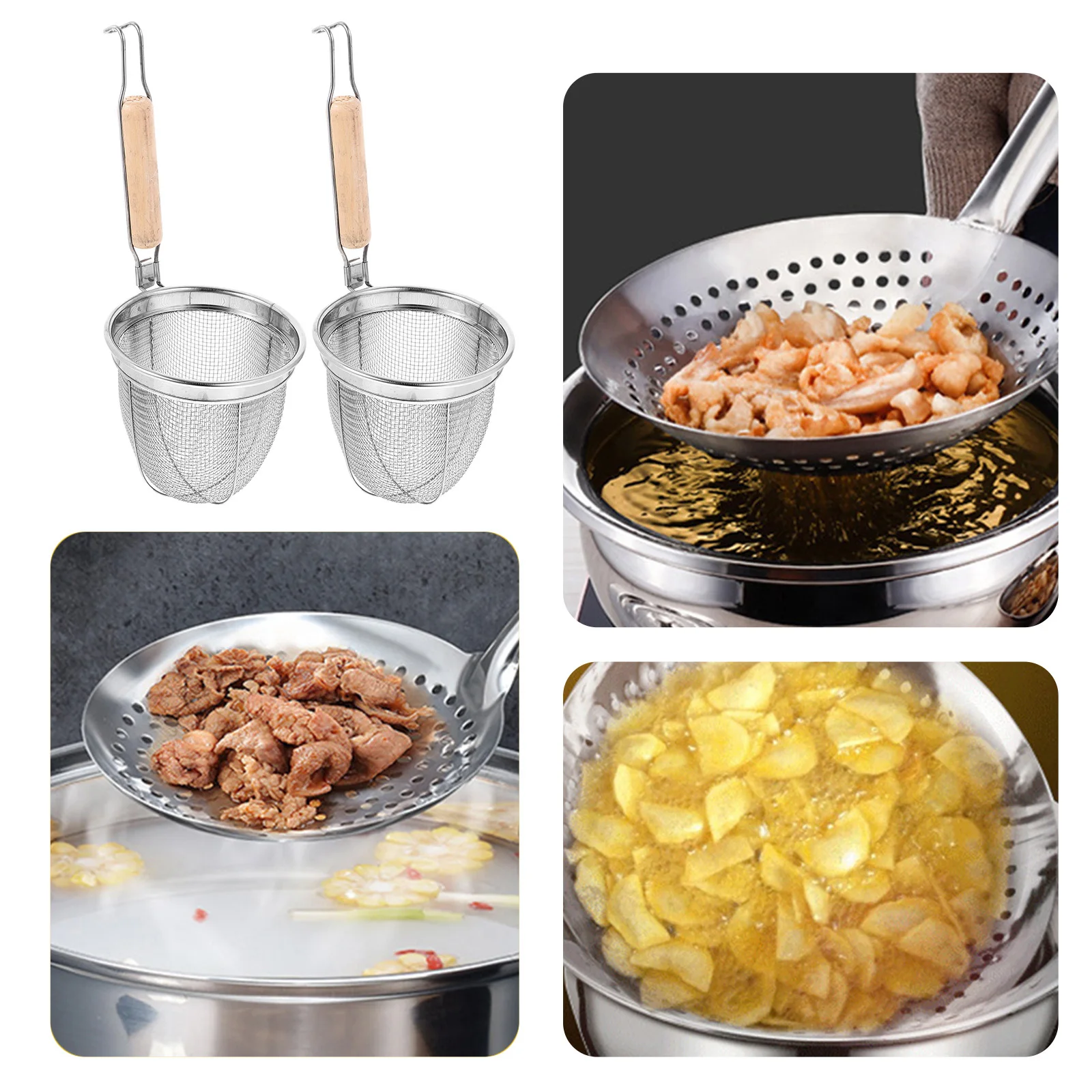 

2pcs Stainless Steel Mesh Strainer Colander For Noodle Dumpling Oil Cooking Kitchen Gadget Home Restaurant Use Filter