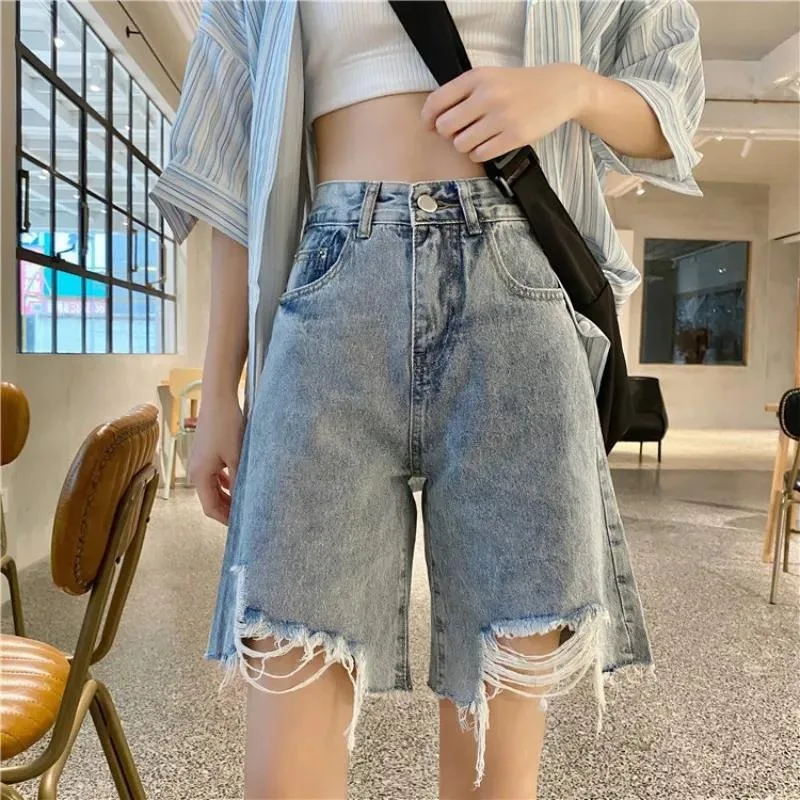 High Waist Tassel Broken Blue Denim Shorts Female Summer Korean Version Wide Leg Loose Plus Size Jean Shorts Women