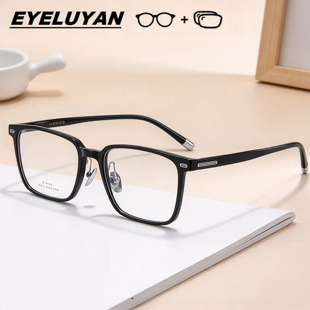 EYELUYAN 145mm Width Classic Square Prescription Glasses Women Men Photochromic Myopia Optical Eyewear Lenses with Custom Recipe