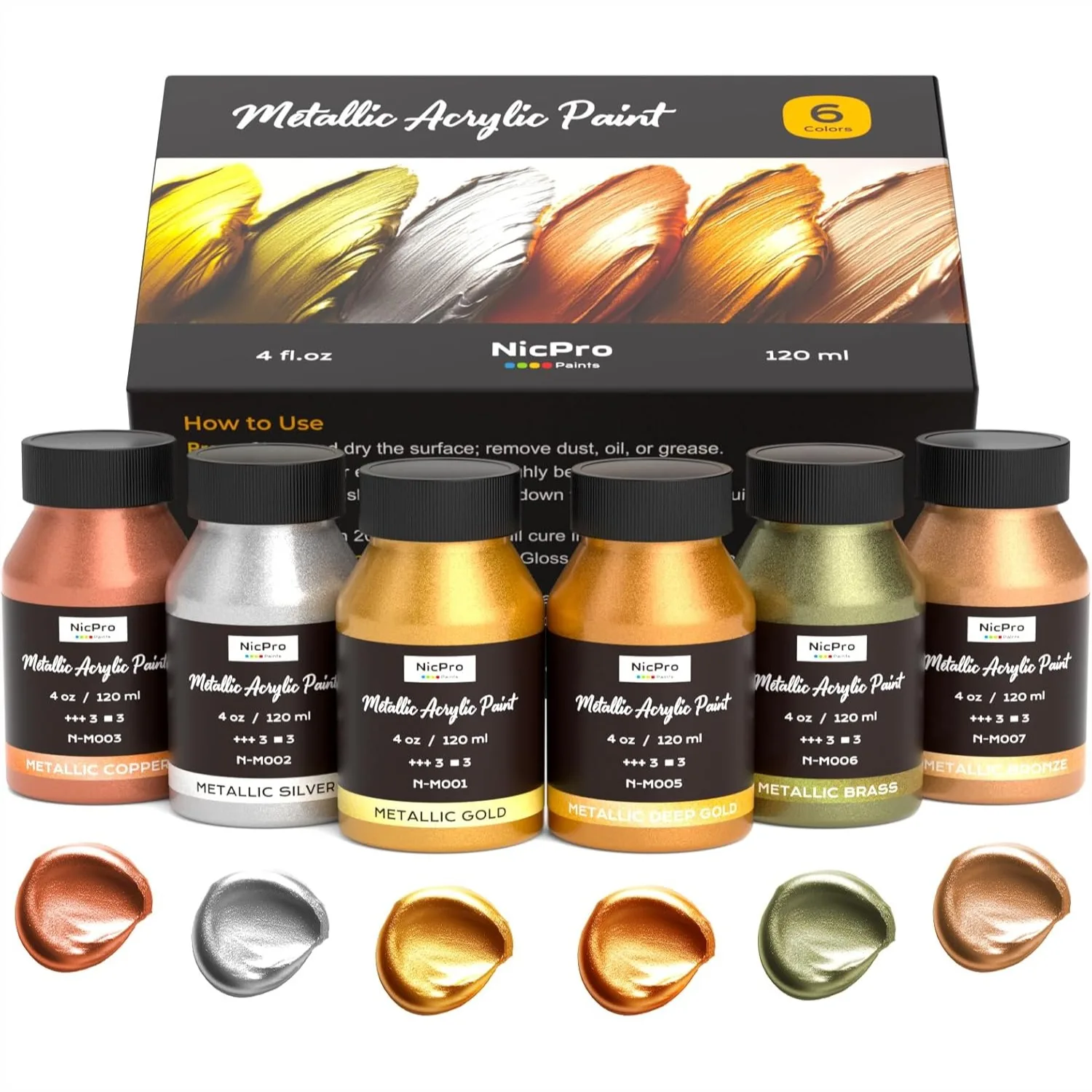 

Metallic Acrylic Paint Set 6 Colors Gold Silver Copper Brass Bronze Deep Gold for Art Painting Handcrafts Multi-Surface