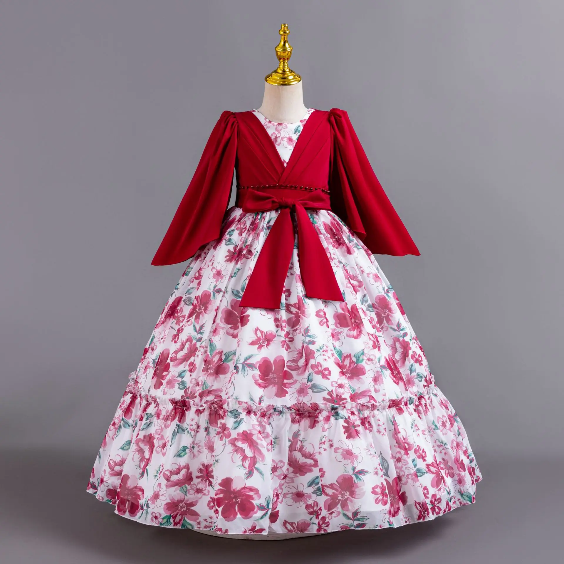 Robe de soirée en mousseline de soie pour petites filles, imprimé floral, pour mariage, fête d'anniversaire, reconstitution historique, AC135