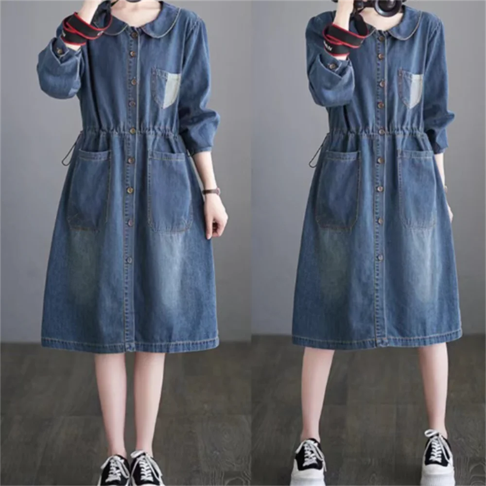 

New long-sleeved denim dress female retro waist doll collar pocket loose dress