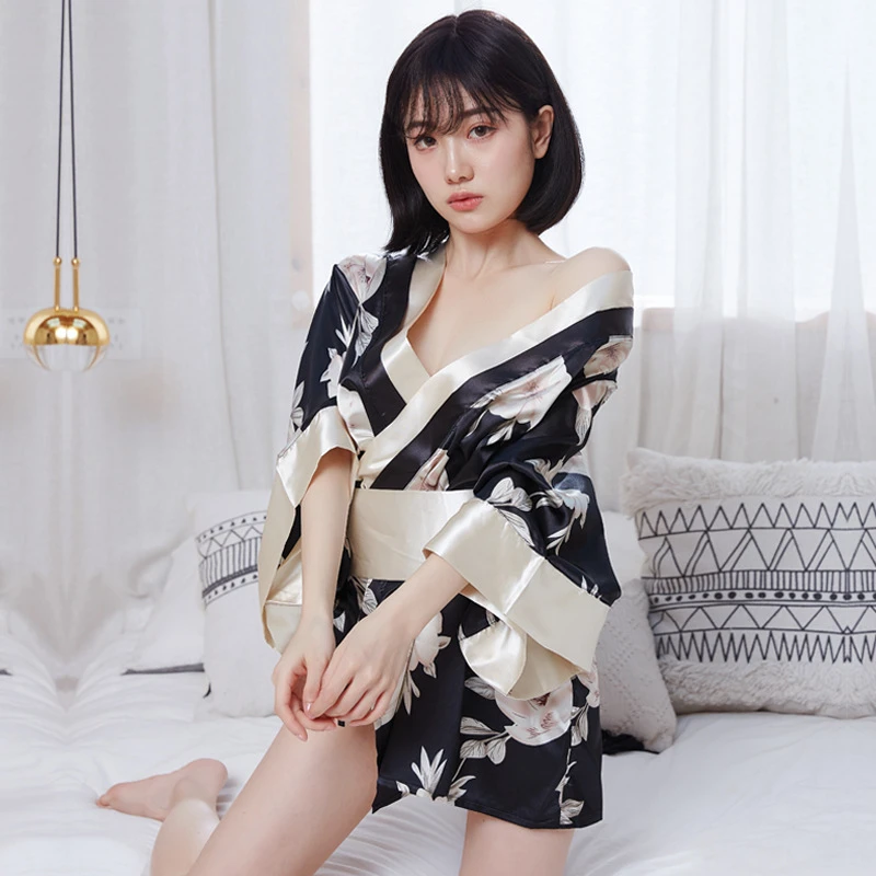 Sexy Women Japanese Kimono Lady Loose Bathrobe Half Sleeve Stain Flower Printed Cosplay Costumes Japan Female Short Robe Pajamas