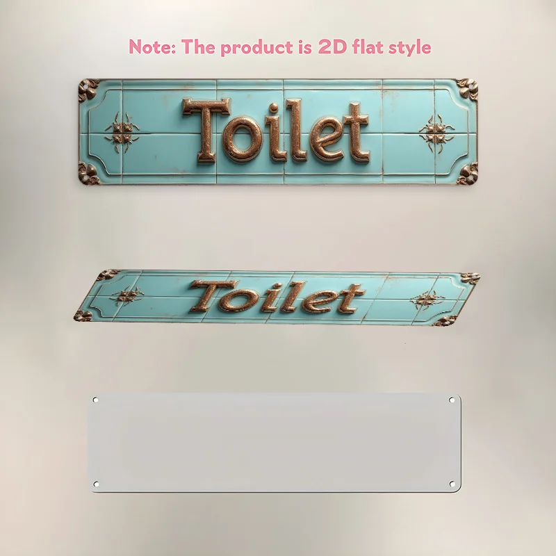 2D Flat, Vintage „Toilette/Badezimmer“-Schild – Rustikales Aluminium-Wandschild mit verziertem Rand und Toilettentext, langlebig für den Innen- und Außenbereich