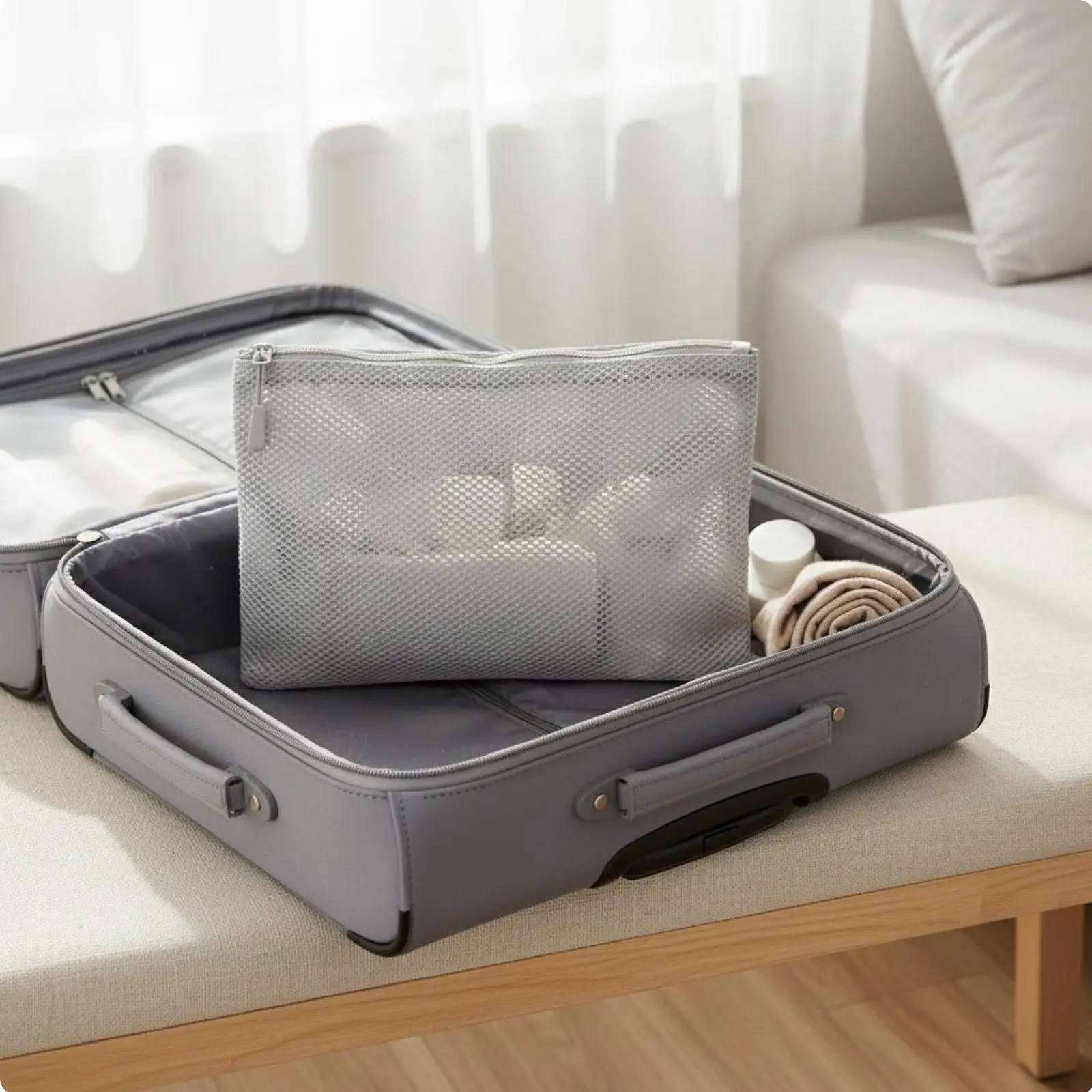 Multi Purpose Polyester Storage Pouch Zippered Mesh Travel Organizer for Makeup Cables Toiletries Handbag Suitcase
