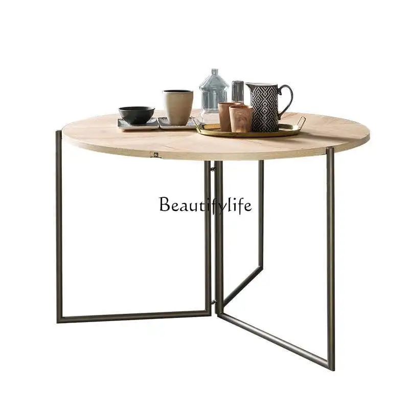 

-Folding round dining table multi-functional solid wood modern simple light luxury household Nordic dining table