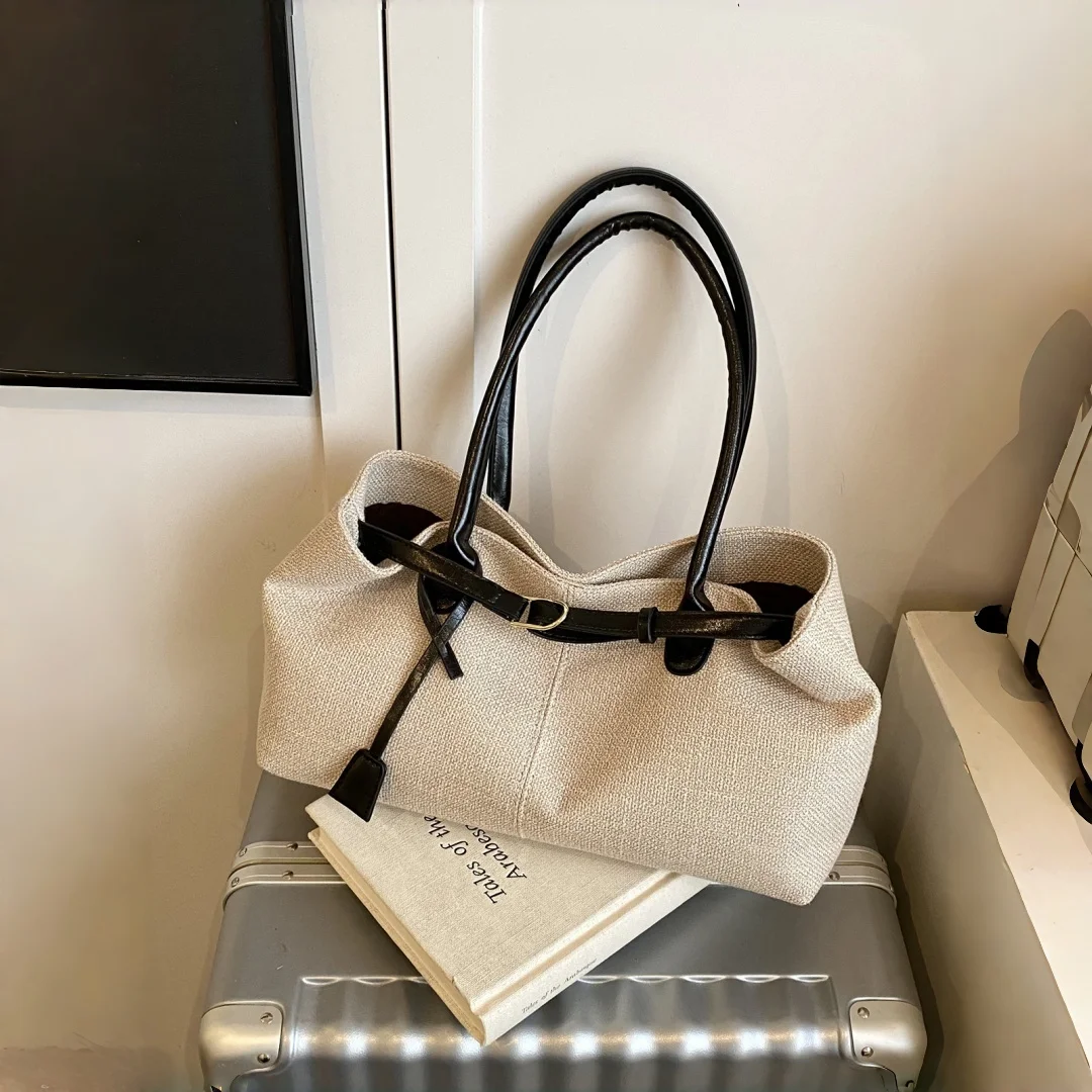 Women Canvas Tote Bag PU Leather Strap Large Capacity Zipper Shoulder Handbag Casual Office Commute Ladies Shoulder Handbag