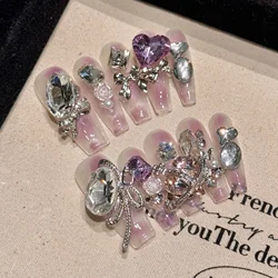 Punk Heavy Metal Press On Nails Handmade Light Purple Y2k False Nails Metal Bows Planet FlowerDiamond Decor Fake Nail Tips