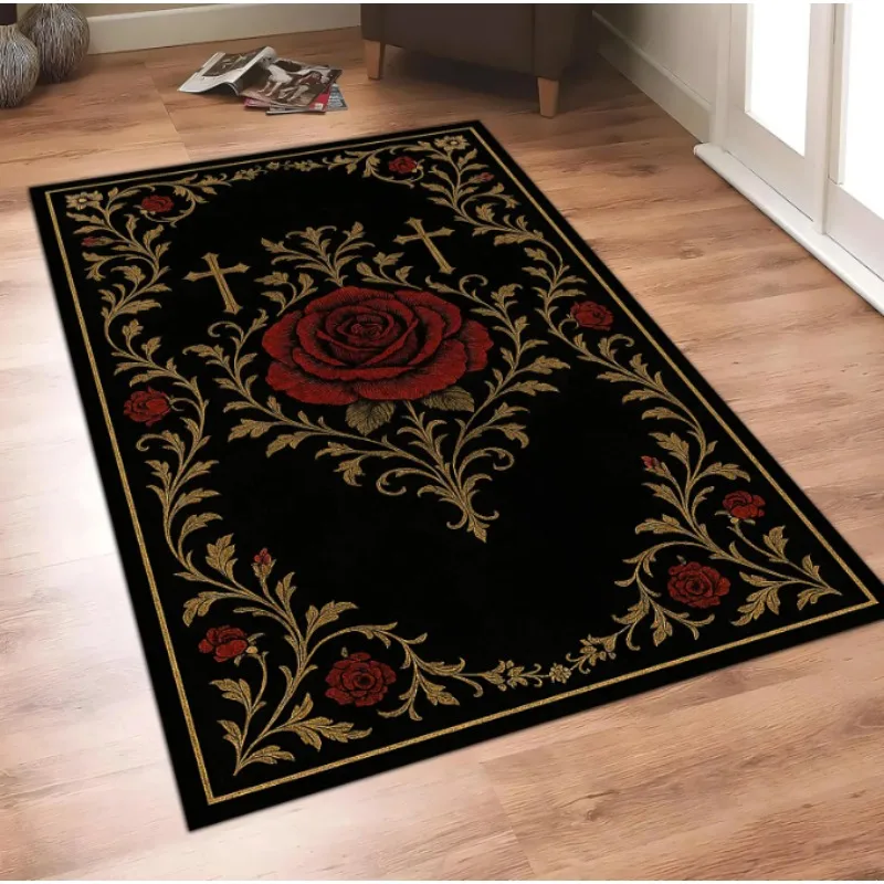 Gothic Rose Welcome Mat Black and Red Floral Rug with Crosses Baroque Style Doormat for Alternative Home Decor Having Aesthetic
